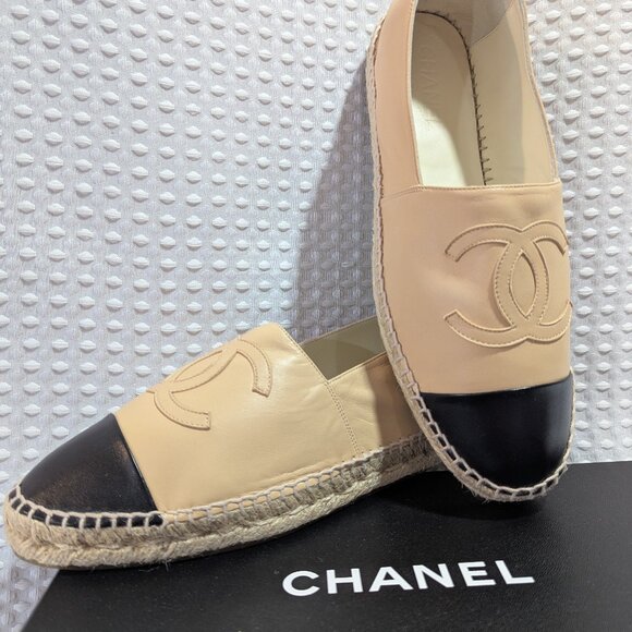 CHANEL Shoes - Chanel Espadrilles Beige & Black Lambskin Leather Size 11